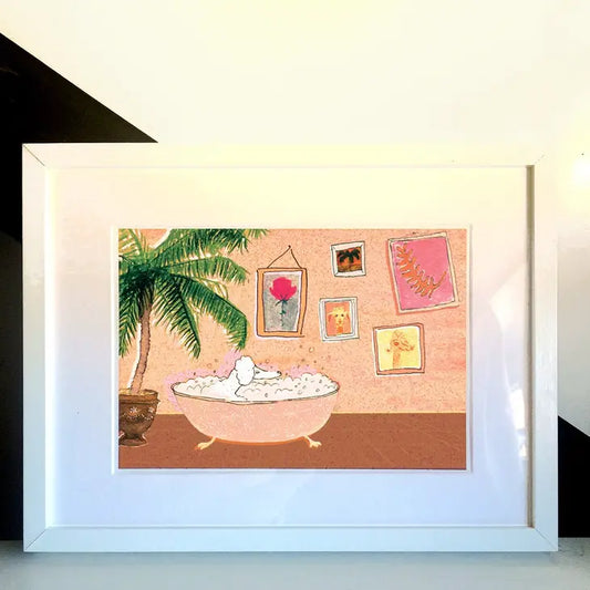 ILLUSTRASJON -En puddel tar et bad - A4 Kunstprint