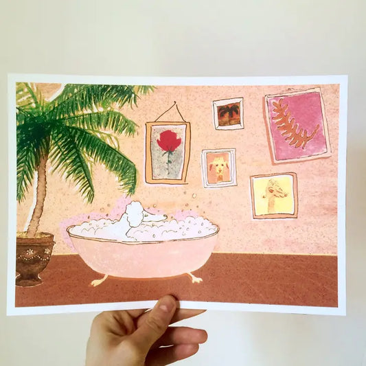 ILLUSTRASJON -En puddel tar et bad - A4 Kunstprint